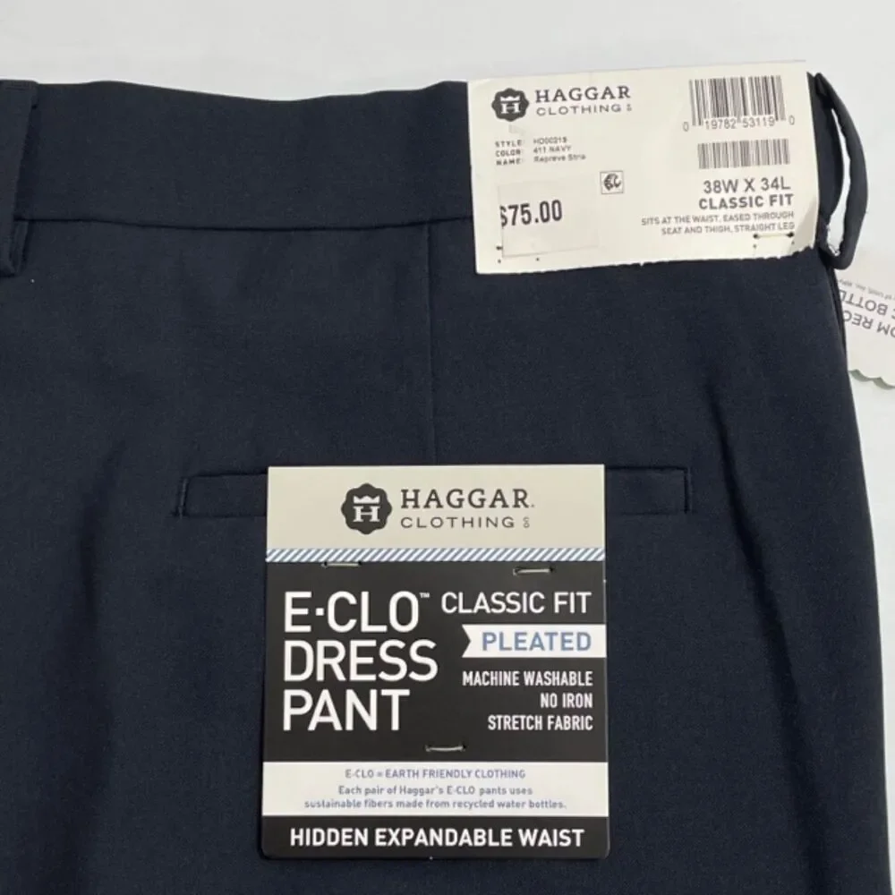 NWT Haggar Black Classic Fit E-Clo Pleated Dress Pants Men's Size‎ 38x34